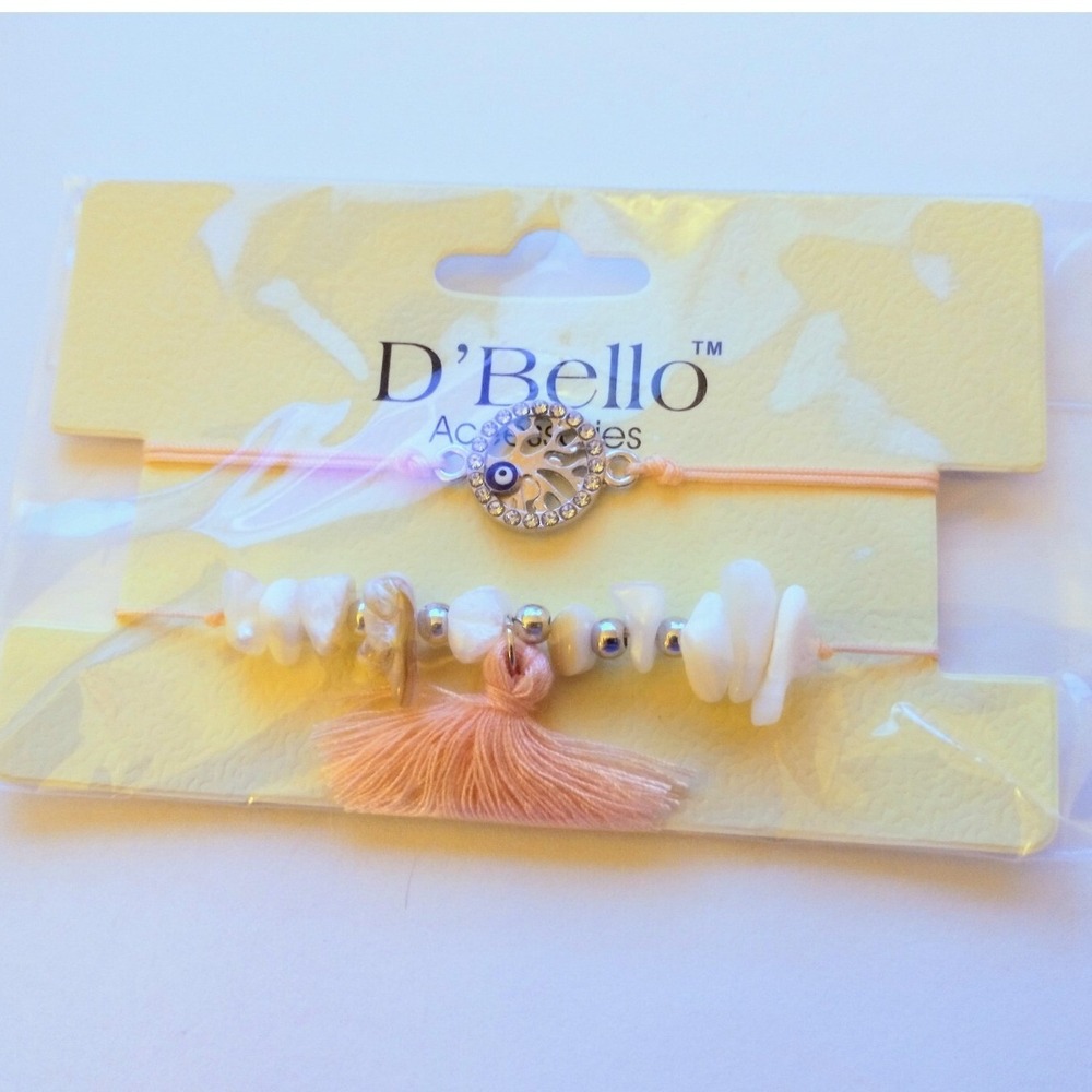 D'Bello 2pc Bracelet Set Tree of Life Evil Eye Shell Chips Tassel Peach Cord
